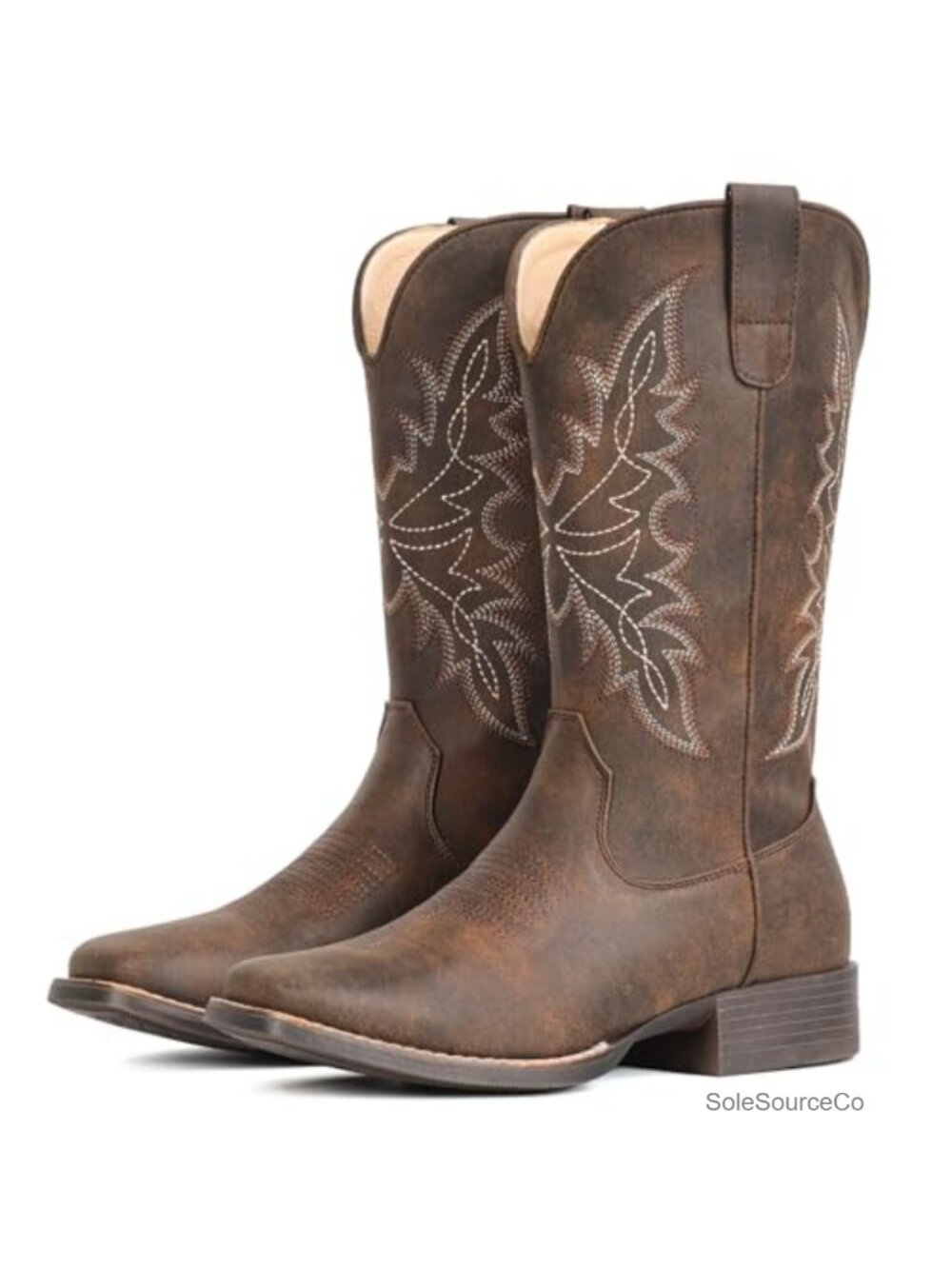 Women's Square Toe Western Cowgirl Mid-Calf Pull On Boots Faux Leather